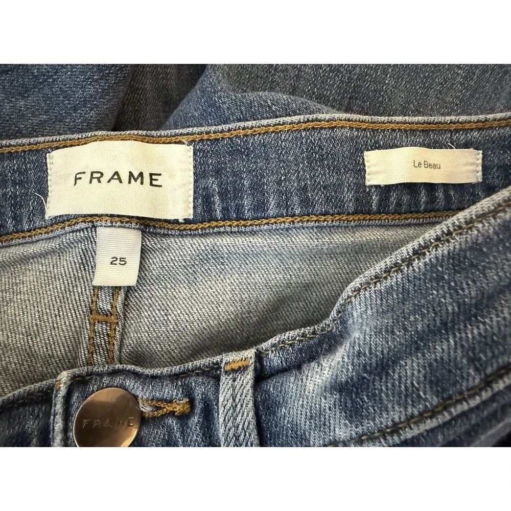FRAME Le Beau Distressed‎ Straight Jeans Women's Actual Size 28x27 Blue Denim - Picture 2 of 10